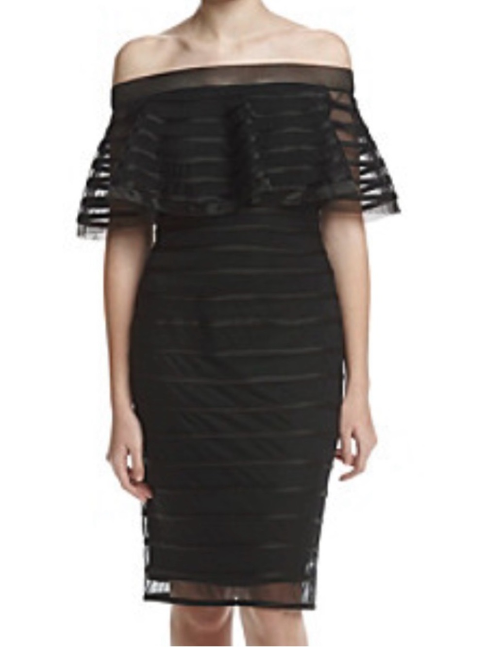 NWT Betsy & Adam Ruffle Overlay Off Shoulder Tonal Stripe Dress Black Size 2